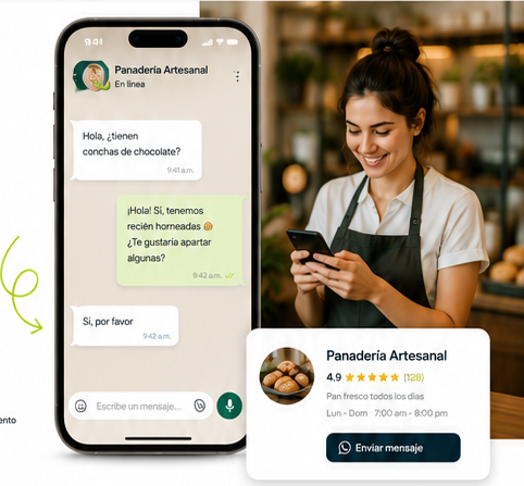 Ejemplo visual de una página de negocio con contacto por WhatsApp y seguimiento de consultas